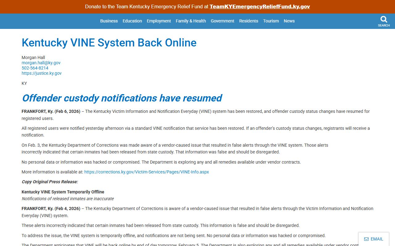 Bourbon County inmate records Kentucky VINE restoration notice