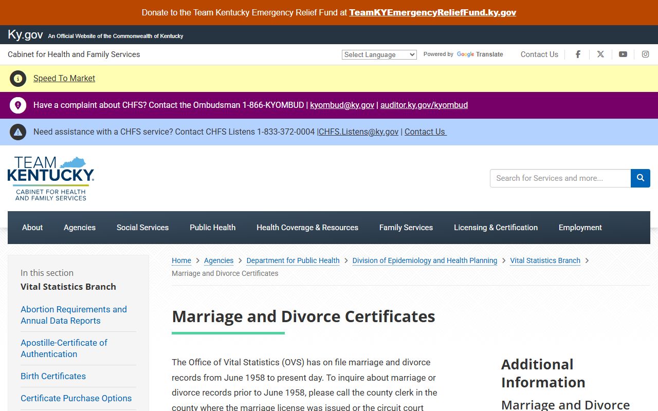Bourbon County marriage and divorce records certificate page from Kentucky Office of Vital Statistics