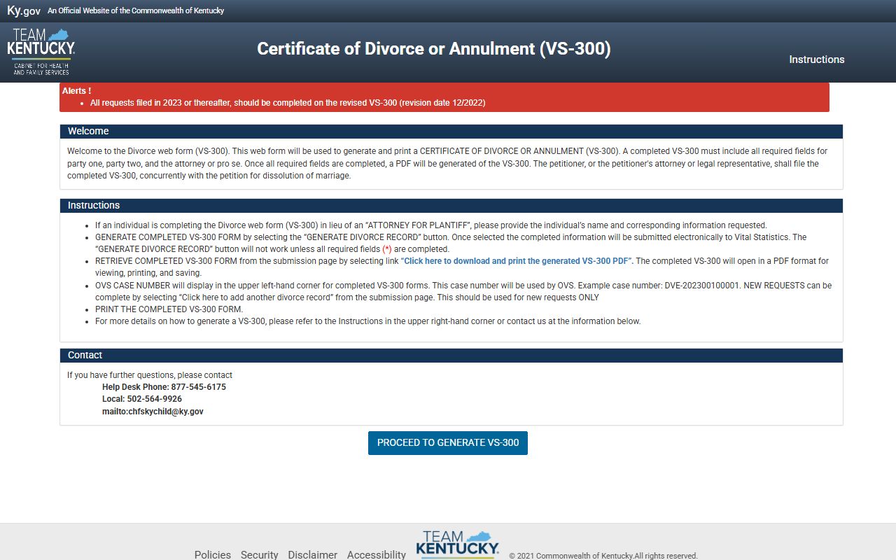 Bourbon County divorce records VS-300 Kentucky certificate form