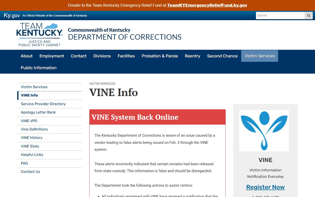 Bourbon County warrant records Kentucky DOC VINE information